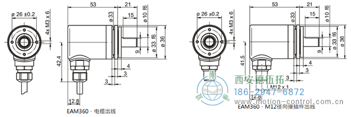 EAM360-S - CANopen®磁式絕對值重載編碼器外形及安裝尺寸(實心軸，帶同步法蘭) - 西安德伍拓自動化傳動系統(tǒng)有限公司