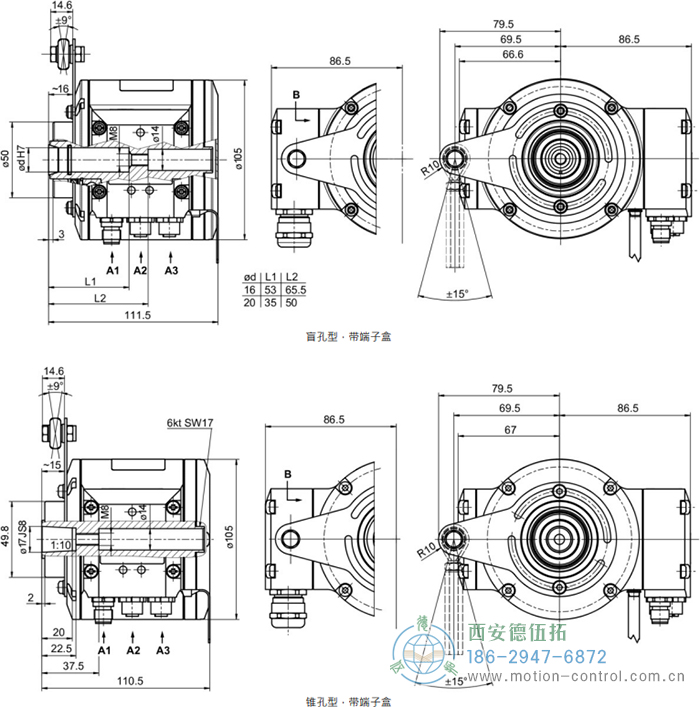 HMG10P-B - EtherNet/IP絕對值重載編碼器外形及安裝尺寸(盲孔型或錐孔型) - 西安德伍拓自動化傳動系統有限公司